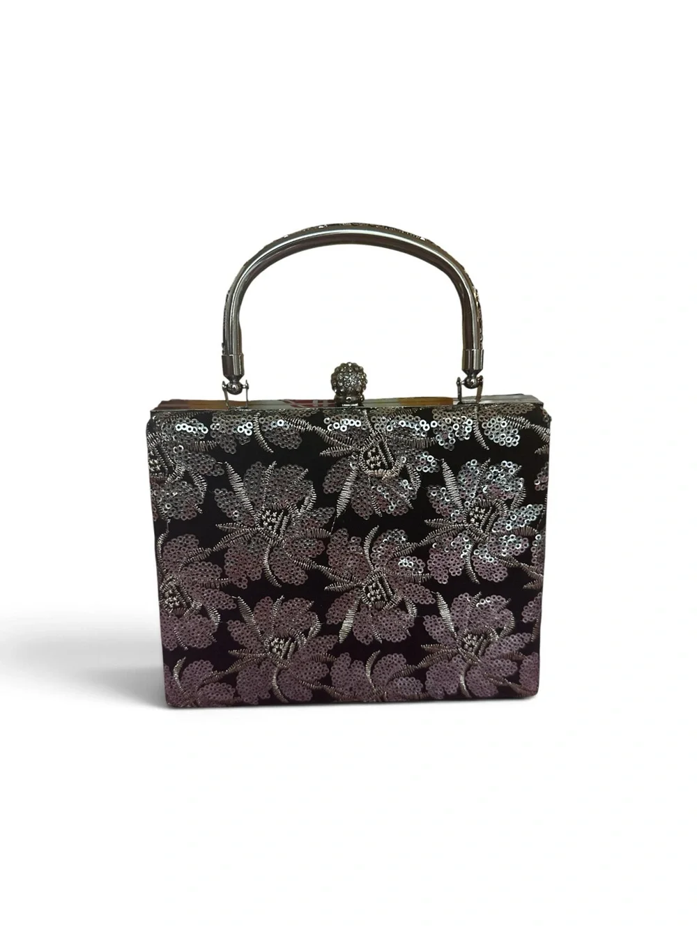 Sequin Floral Box Clutch with Top Handle - Black Silver